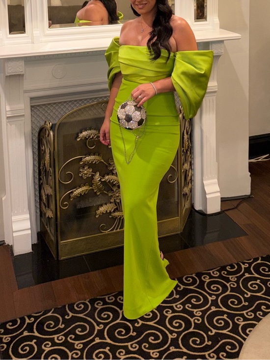 Solace London Dresses & Skirts - Solace London Neon Lime Green Off-Shoulder Gown with Statement Puff Sleeves